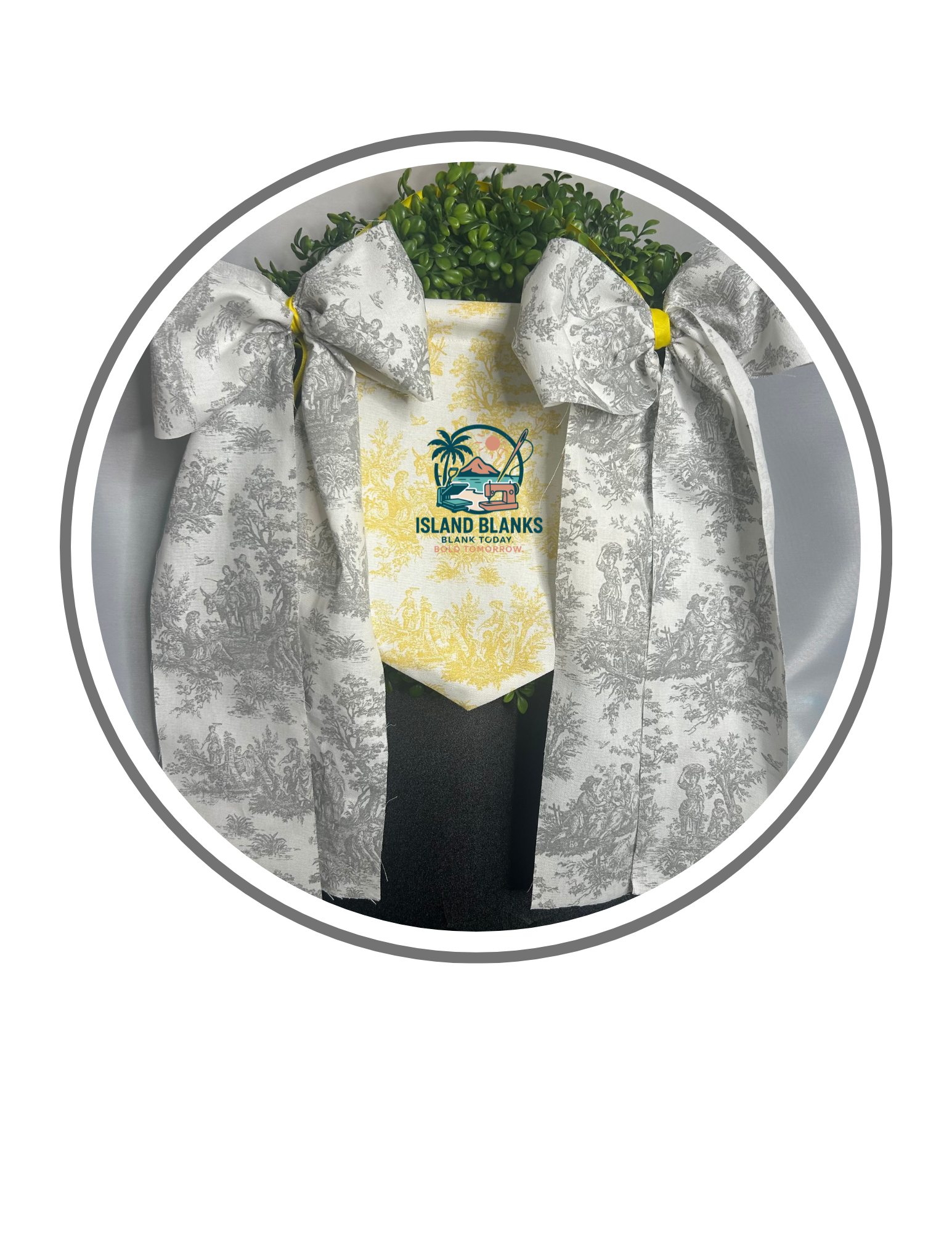 Gray Gingham and Yellow Toile Banner with Ties