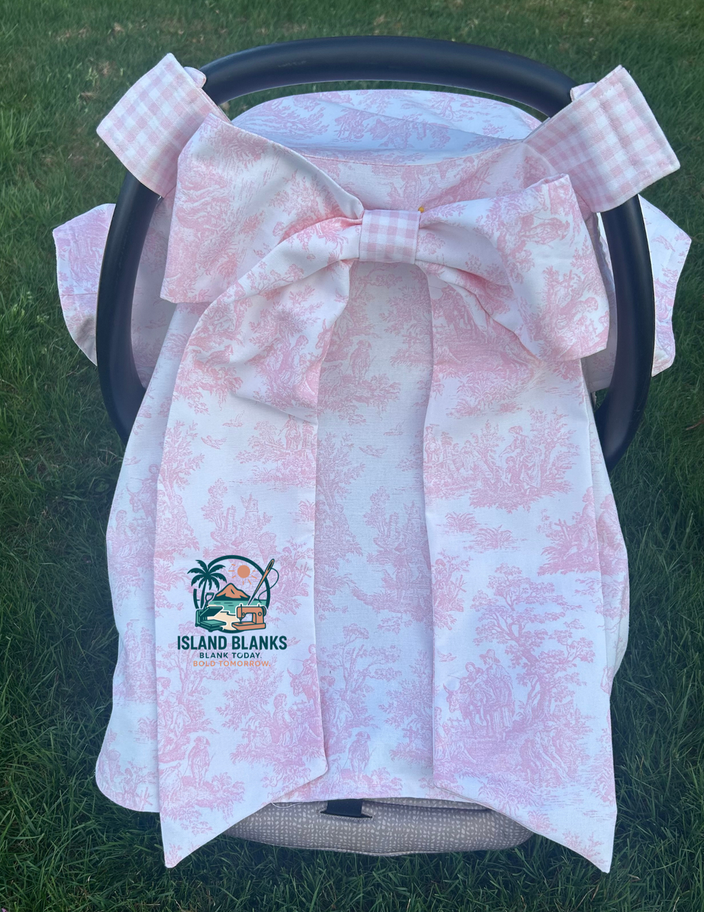 Toile and Gingham Baby Car Seat Canopy with Long Bow