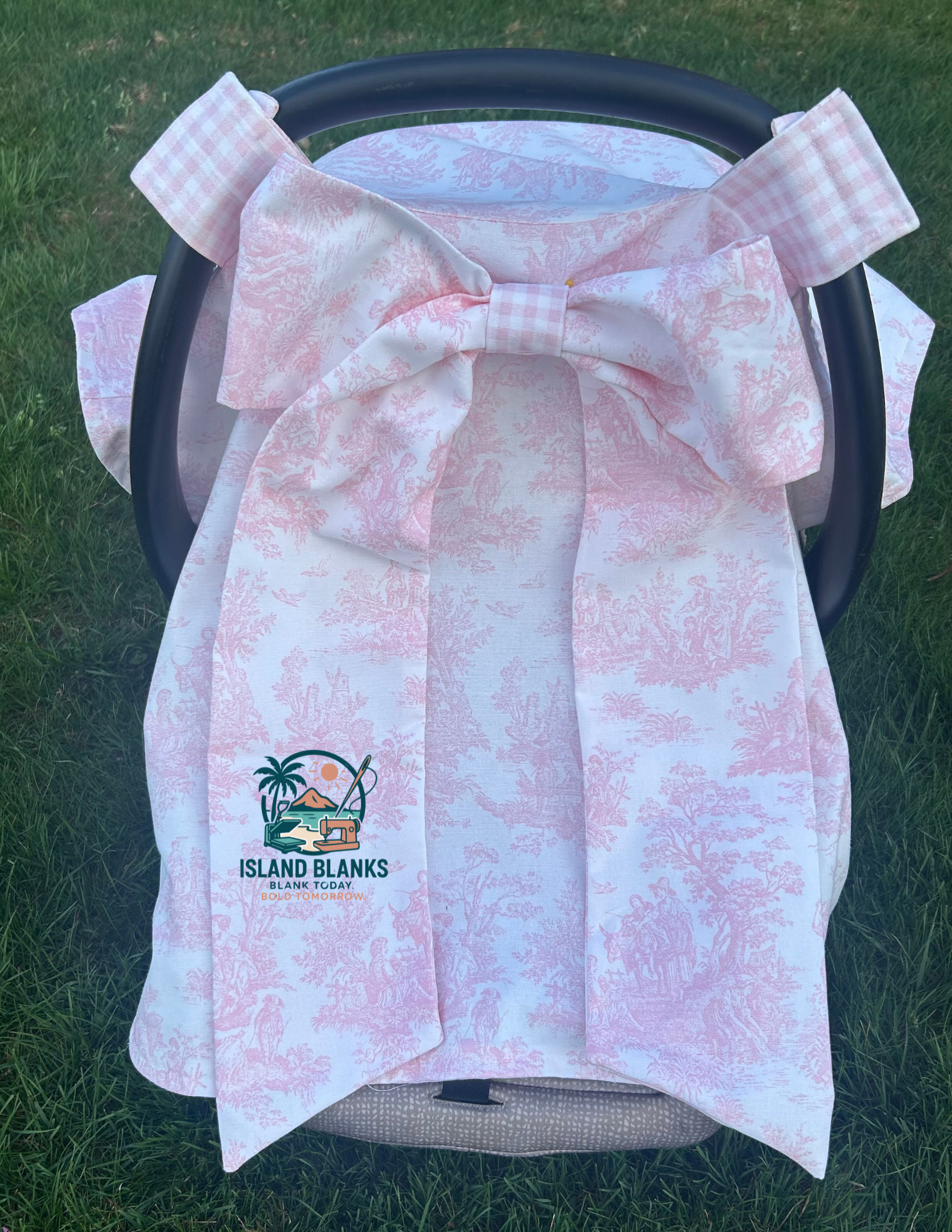 Toile and Gingham Baby Car Seat Canopy with Long Bow