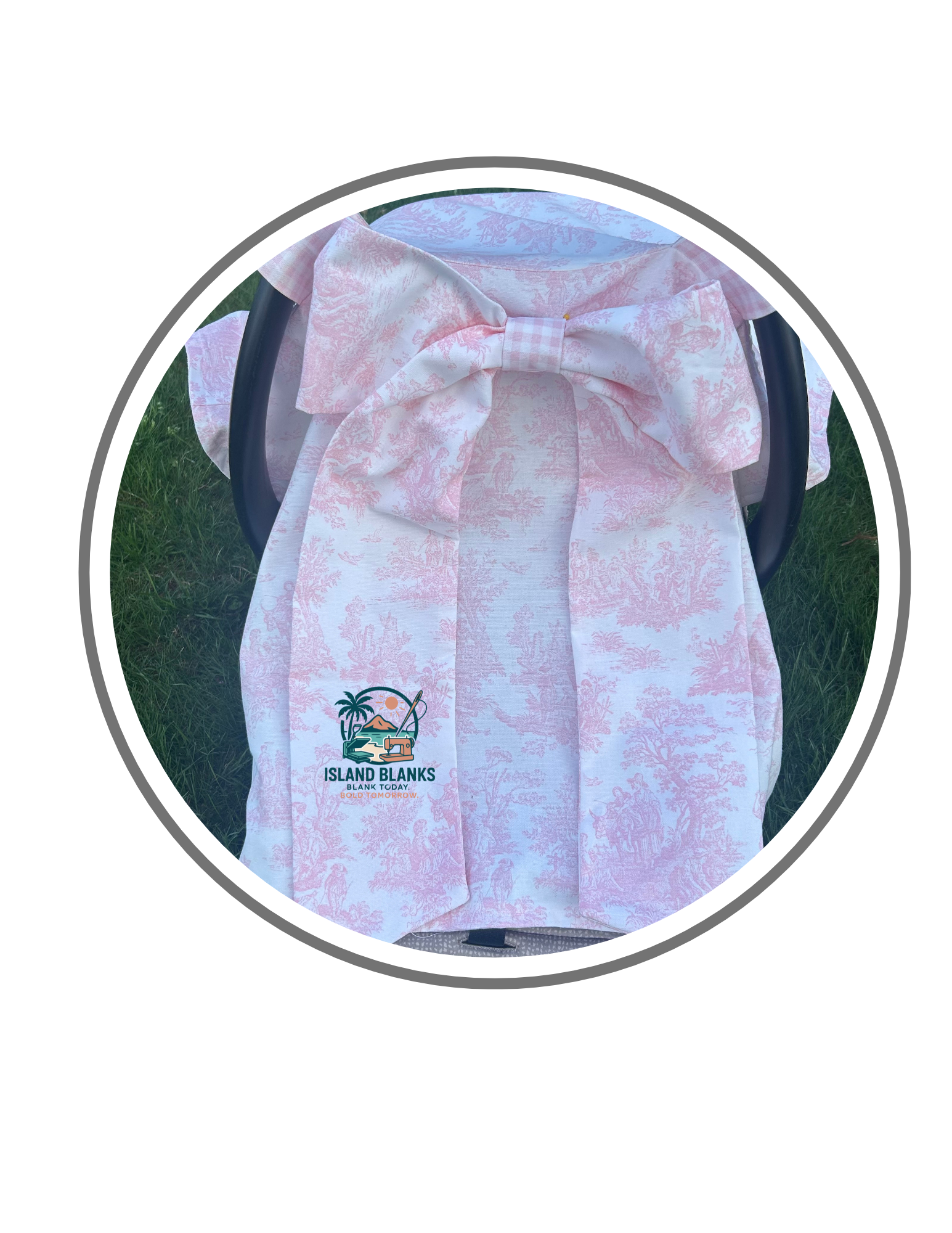 Toile and Gingham Baby Car Seat Canopy with Long Bow