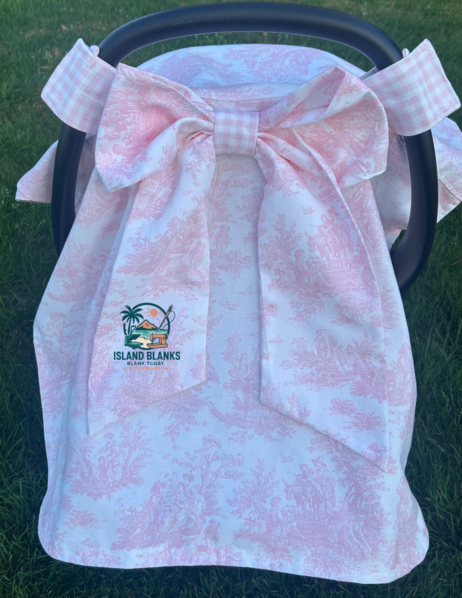Toile and Gingham Baby Car Seat Canopy with Short Bow