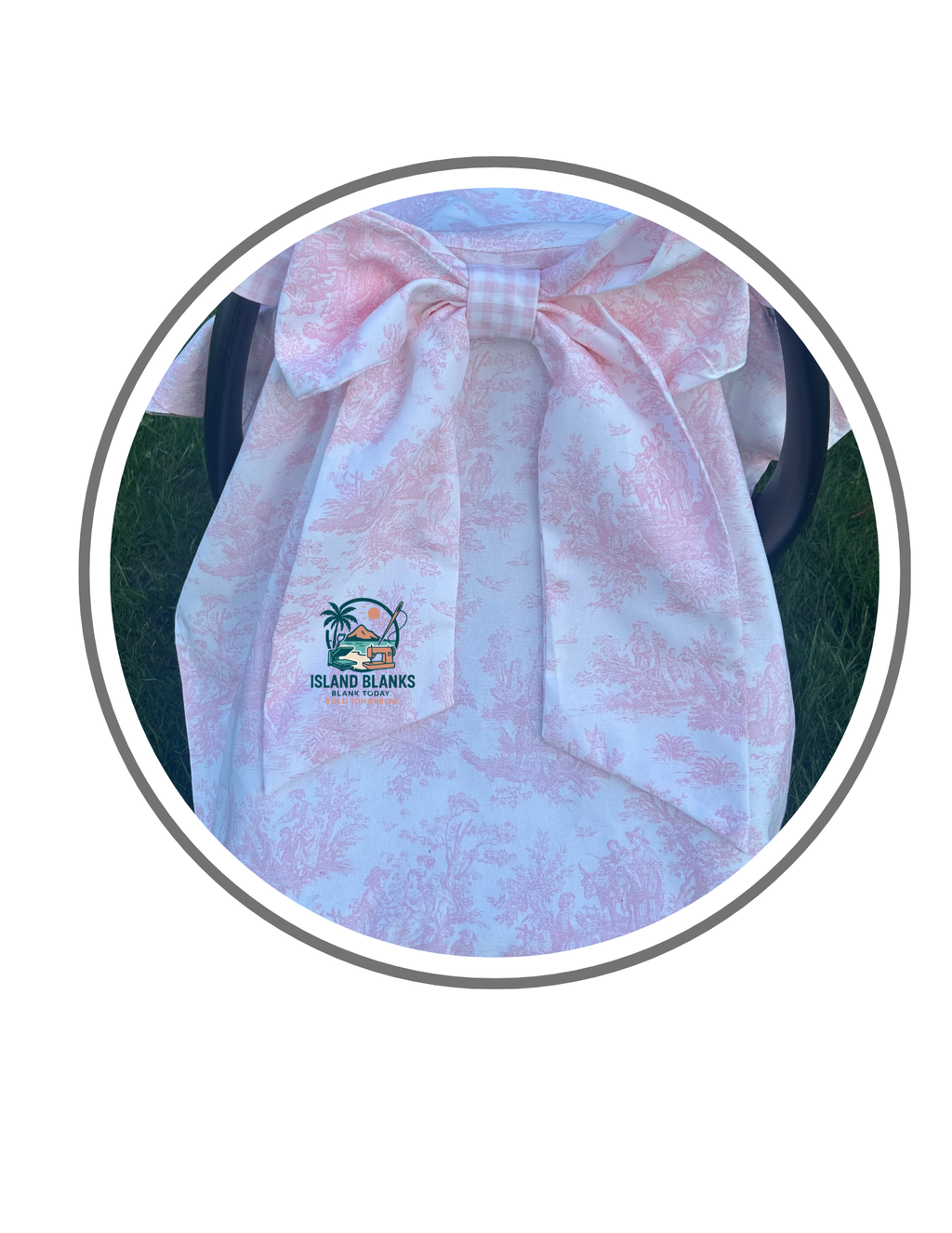 Toile and Gingham Baby Car Seat Canopy with Short Bow