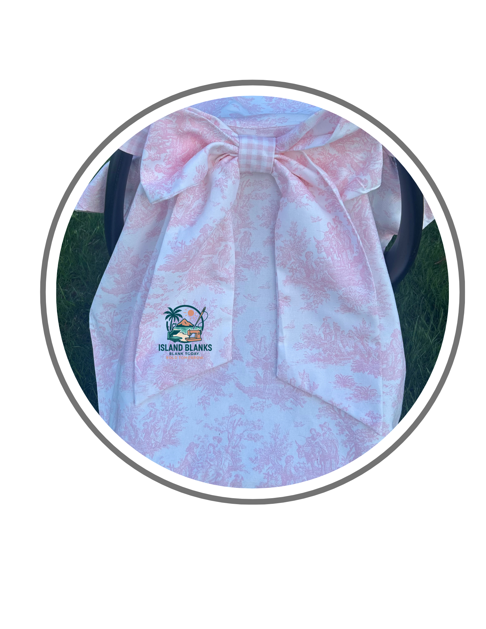 Toile and Gingham Baby Car Seat Canopy with Short Bow