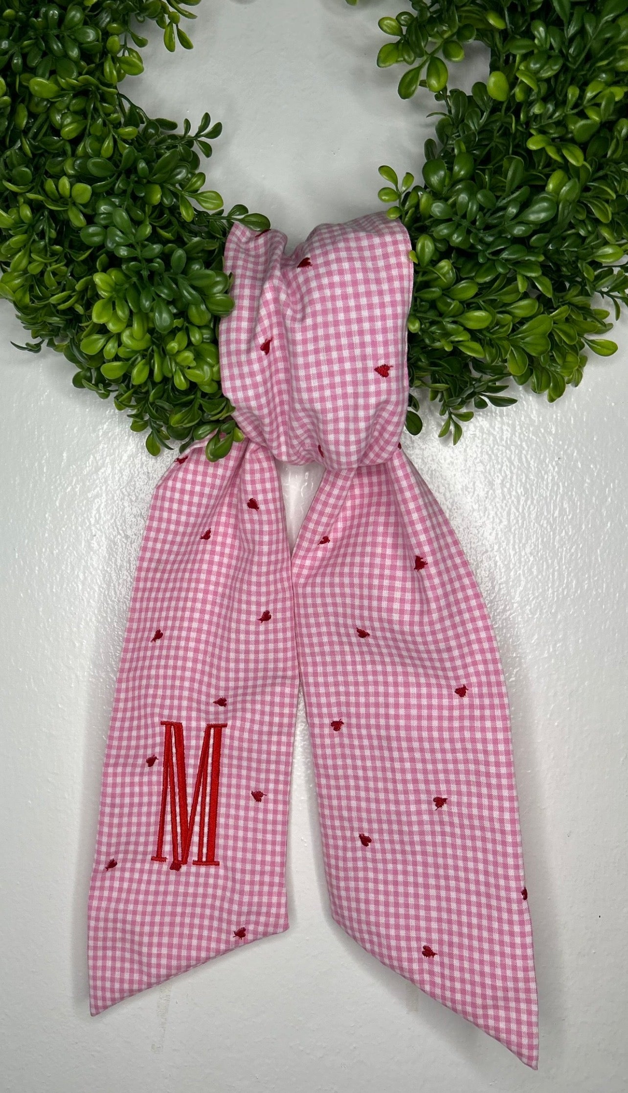 Embroidered Heart Pink Gingham Cotton Wreath Sash Blanks