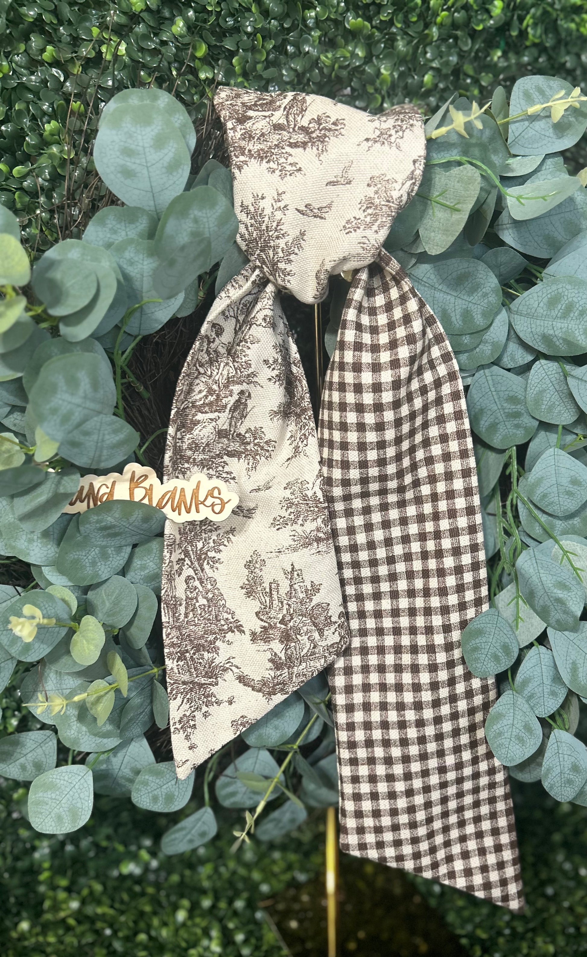 Holiday Two Tone  Toile and Gingham Cotton Wreath Sash