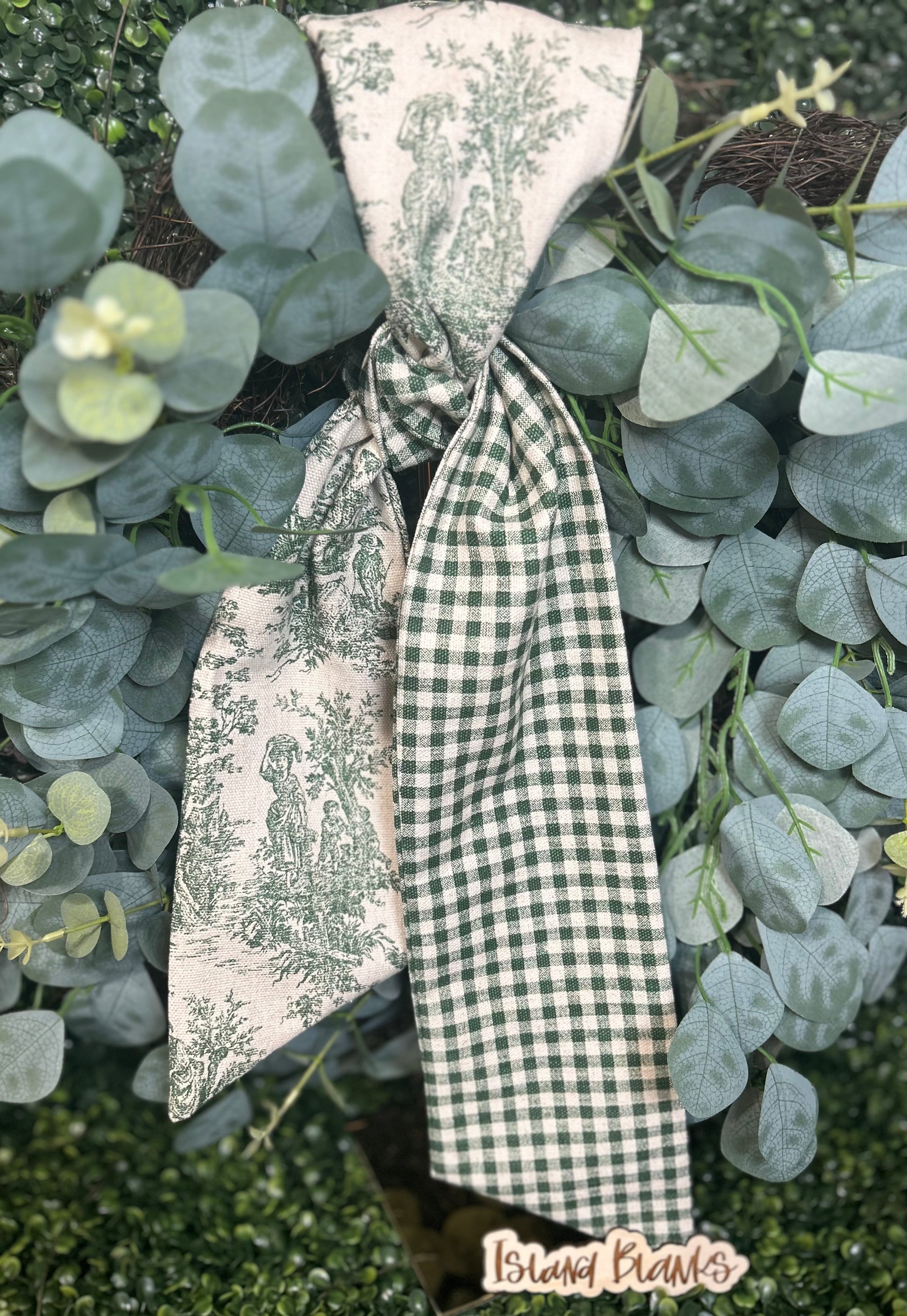 Holiday Two Tone  Toile and Gingham Cotton Wreath Sash