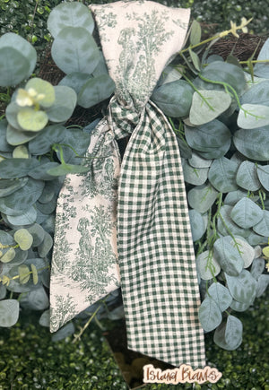 Holiday Two Tone  Toile and Gingham Cotton Wreath Sash